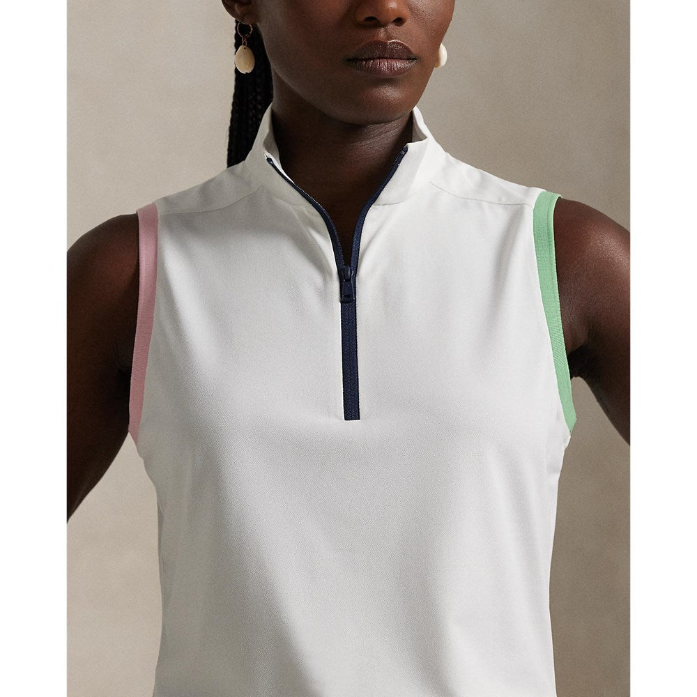 Rlx Ralph Lauren Tour Pique ärmellose Mock Hals 1/4 Reißverschluss Golf Top - Weiß/Garten Pink/Pistazien