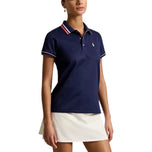 RLX Ralph Lauren 女式 Tour Pique 高尔夫 Polo 衫 - 精致海军蓝/陶瓷白/亮粉色