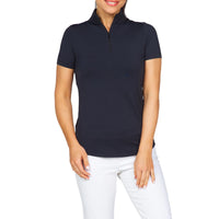 Ibkul Damen Kurzärmel Zip Mock Hals Polo - Schwarz