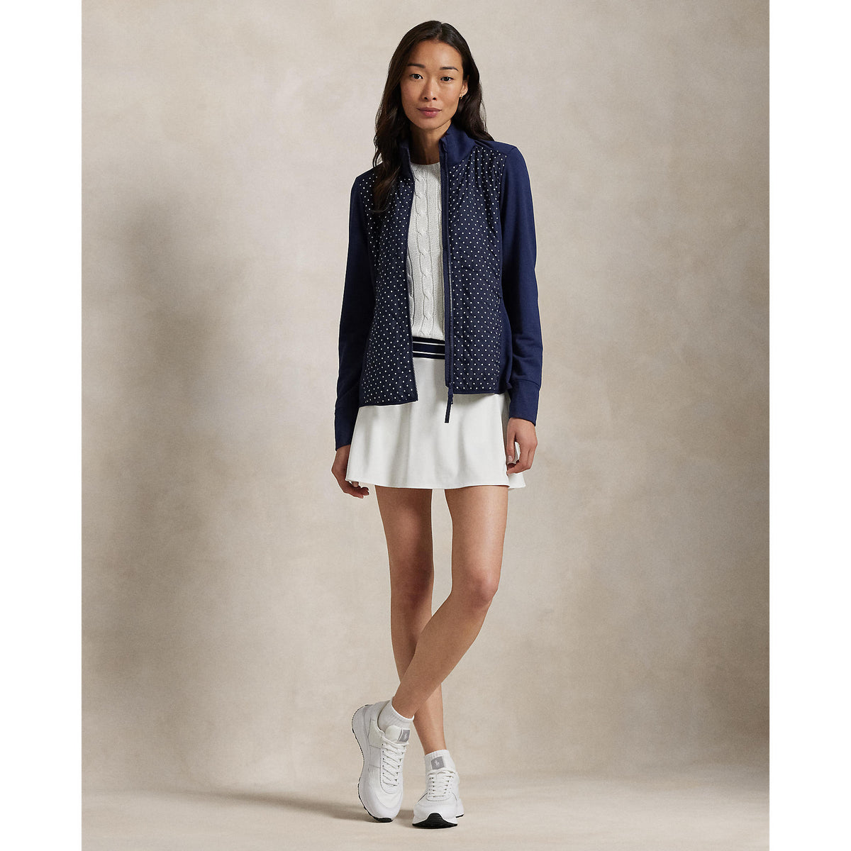 RLX Ralph Lauren Frauen coole Wollhybrid -Leistung Vollzip -Jacke - Raffinierte Marine -Polka Punkt