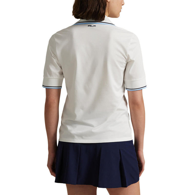 RLX Ralph Lauren Women's V Neck Tour Pique Golf Polo Shirt - Ceramic White/Refined Navy/Sutton Blue
