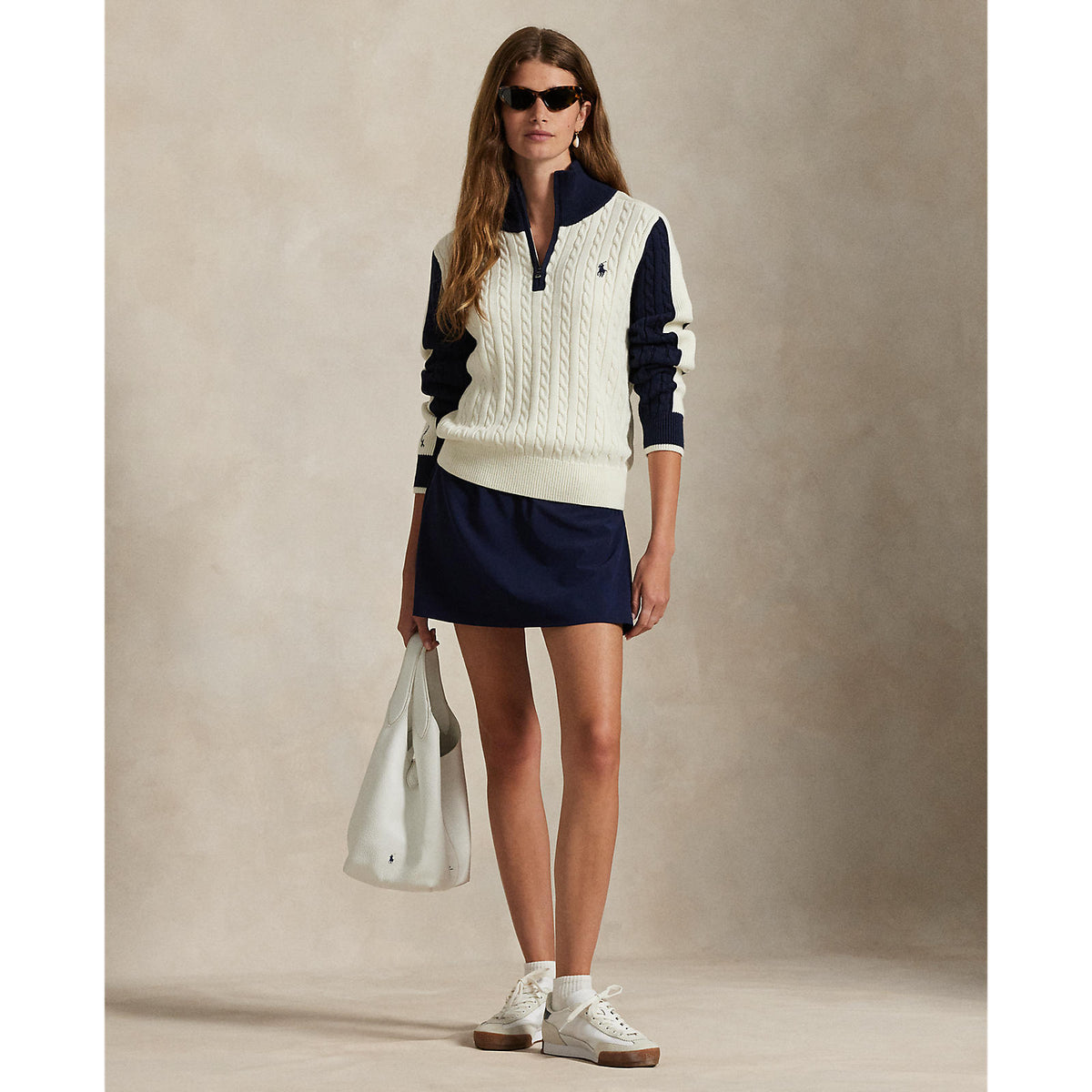 RLX Ralph Lauren Damen -Kabel -Strick -Halbzeißel Pullover - Antike weiße/raffinierte Marine