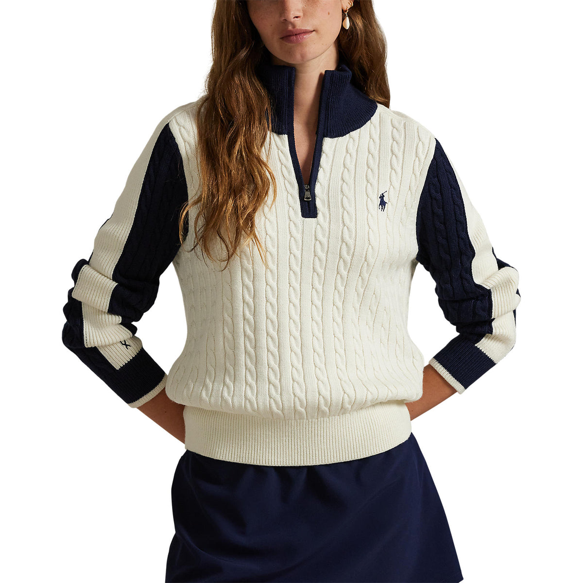 RLX Ralph Lauren Damen -Kabel -Strick -Halbzeißel Pullover - Antike weiße/raffinierte Marine