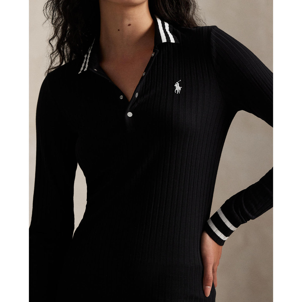 Rlx Ralph Lauren Frauenrippenstrick Langarm Golfhemd - Polo Schwarz