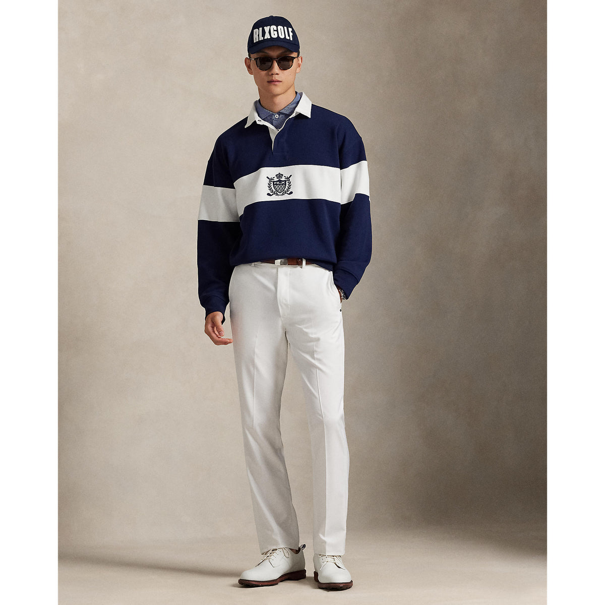 RLX Ralph Lauren Classic Fit Doppelknit Tech Kragenpullover - Raffinierte Marine/Keramik Weiß