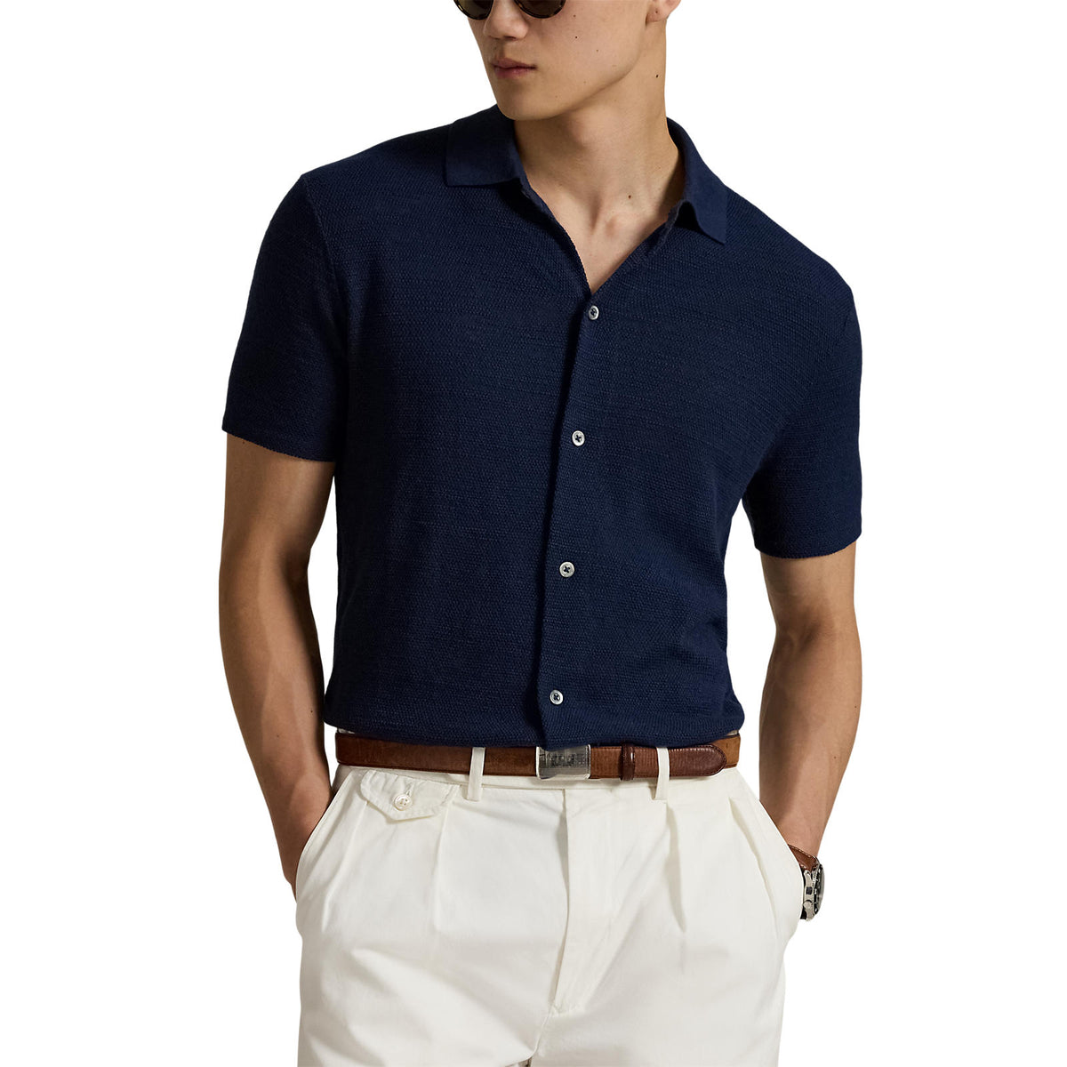 RLX Ralph Lauren Kurzarm Baumwollmischtaste Down Hemd - Raffinierte Marine