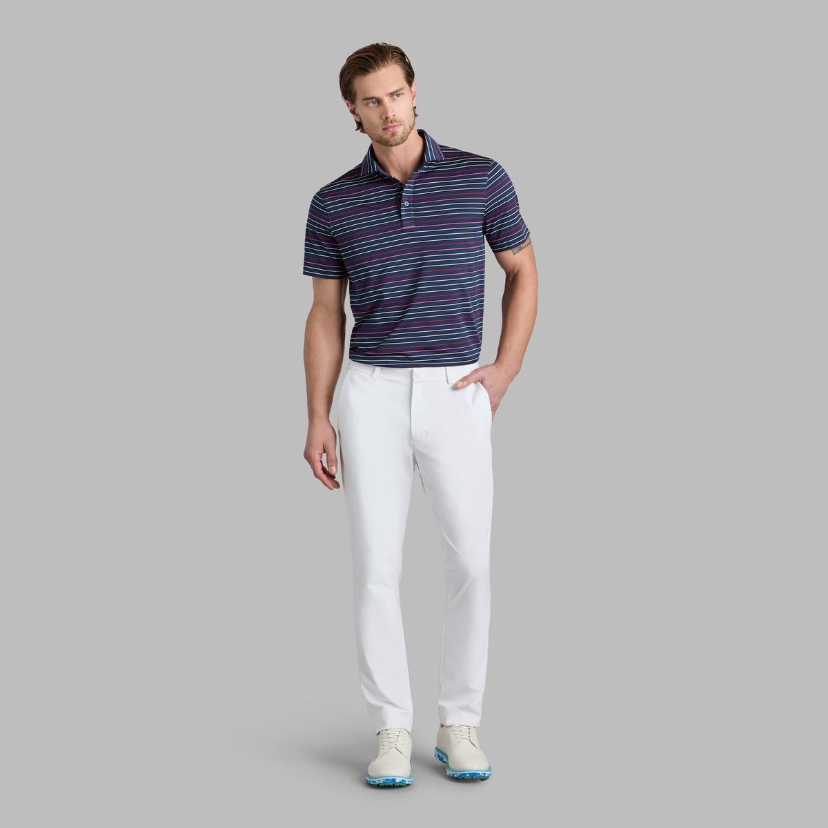G/Vordere Multi -Streifen -Tech Pique Performance Golf Polo Shirt - Twilight/Lava