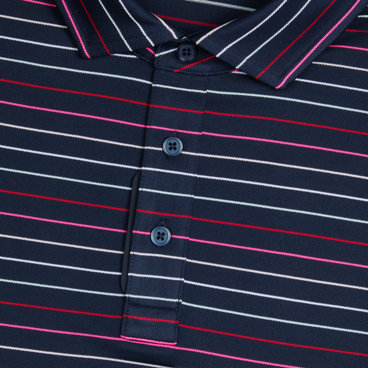 G/Vordere Multi -Streifen -Tech Pique Performance Golf Polo Shirt - Twilight/Lava