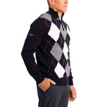 Glenmuir Lauder Viertel Zip Diamond Argyle Baumwollgolfpullover - Marine/ Weiß