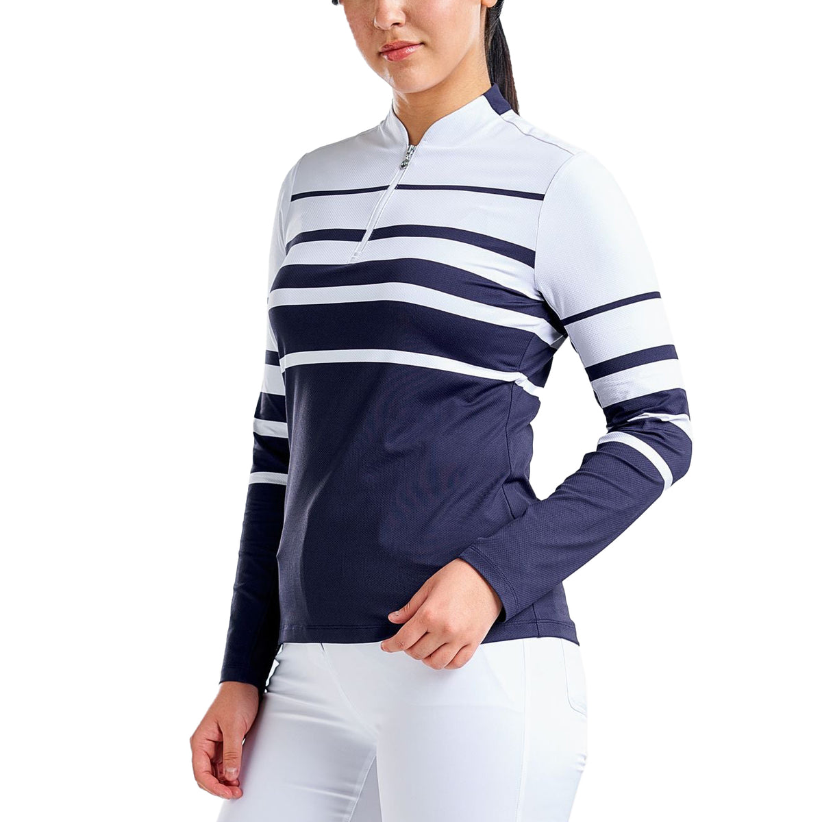 Nivo Frauen Lolita UV Langarm Langarm Mock Neck Golfshemd - Weiß/Marine
