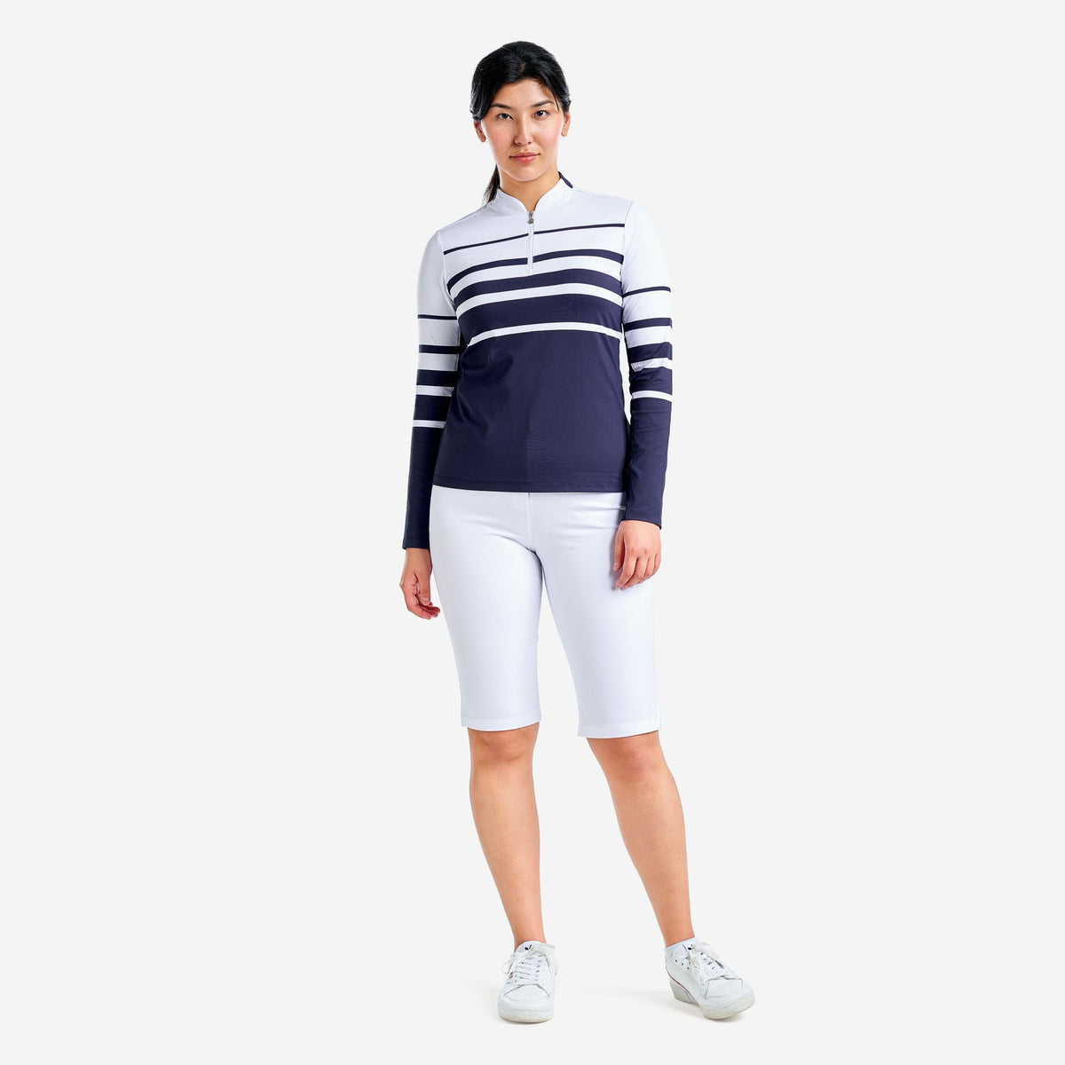 Nivo Frauen Lolita UV Langarm Langarm Mock Neck Golfshemd - Weiß/Marine