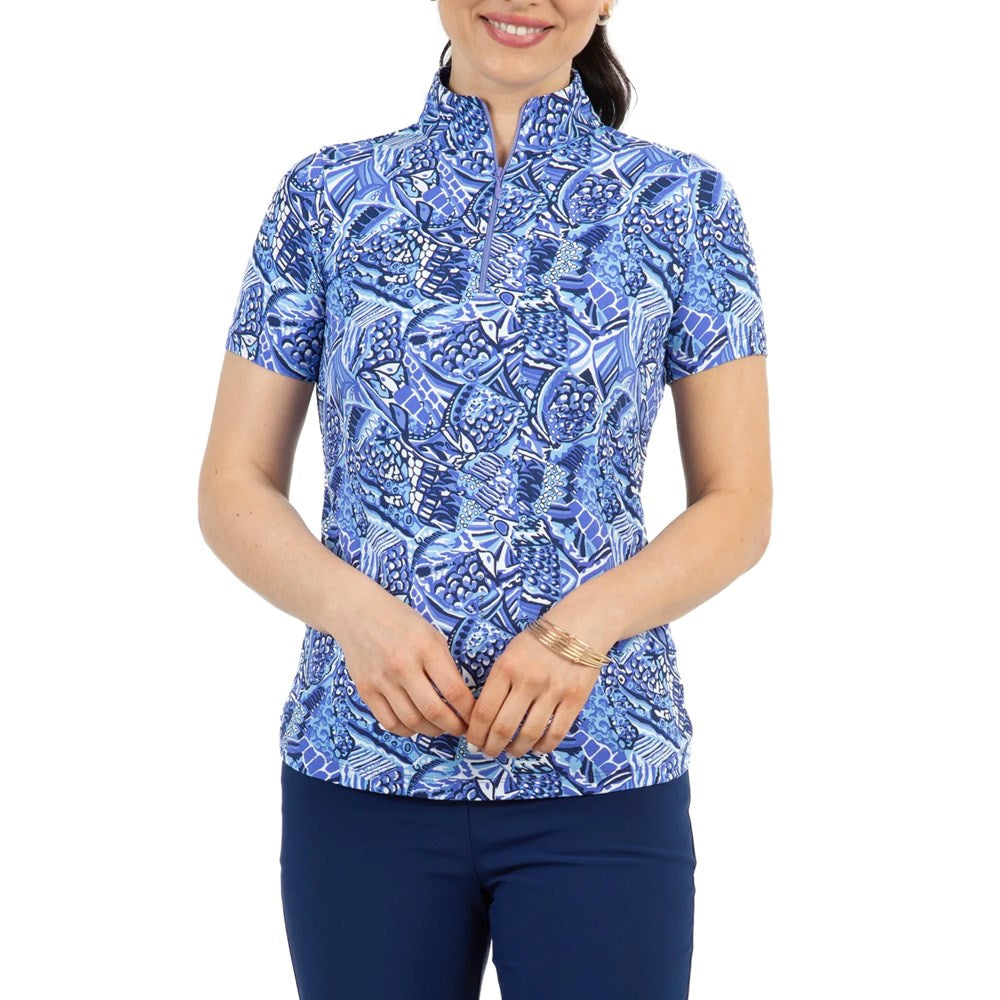 Ibkul Damen Krista Print Kurzärmel Zip Mock Hals - Pflaumen/ Lavendel