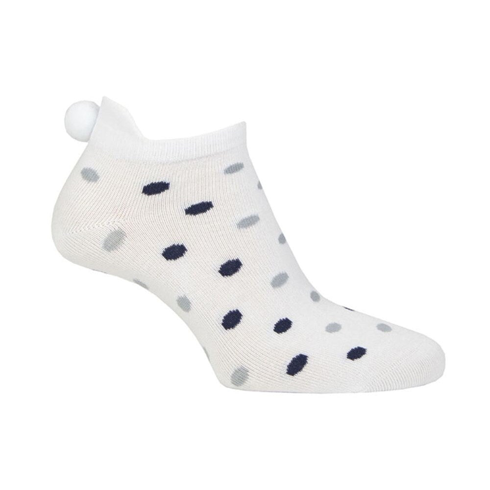 Glenmuir Frauen Eugenie gemusterte Golfsocken - Weiß/Marine & hellgraue Punkte