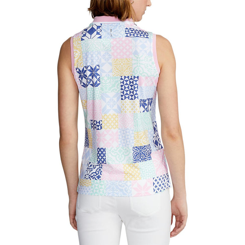 Rlx Ralph Lauren Damen gedruckter Luftstrom -Performance ärmellose Golf Polo -Shirt - Stempelte Geo Patchwork